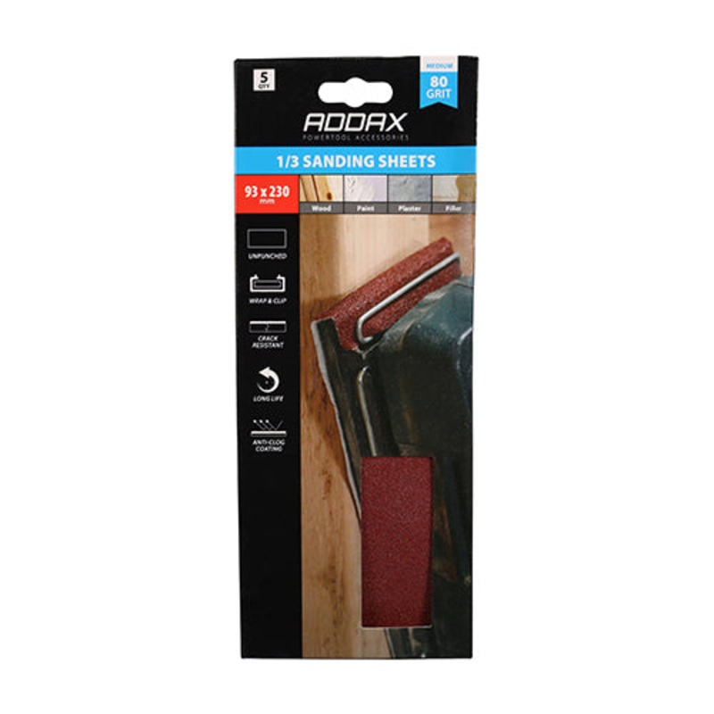 Timco 1/3 Sanding Sheets – 80 Grit – Red – Unpunched 93 x 230mm – 5 Pieces