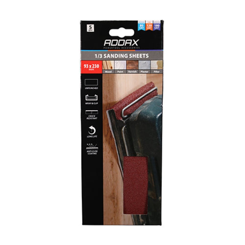 Timco 1/3 Sanding Sheets – Mixed – Red – Unpunched 93 x 230mm (80/120/180) – 5 Pieces