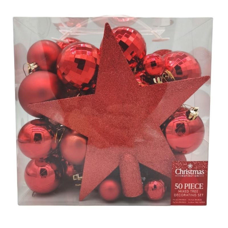 50 x Christmas Tree Baubles Decoration Red – Various Sizes by Christmas Inspiration