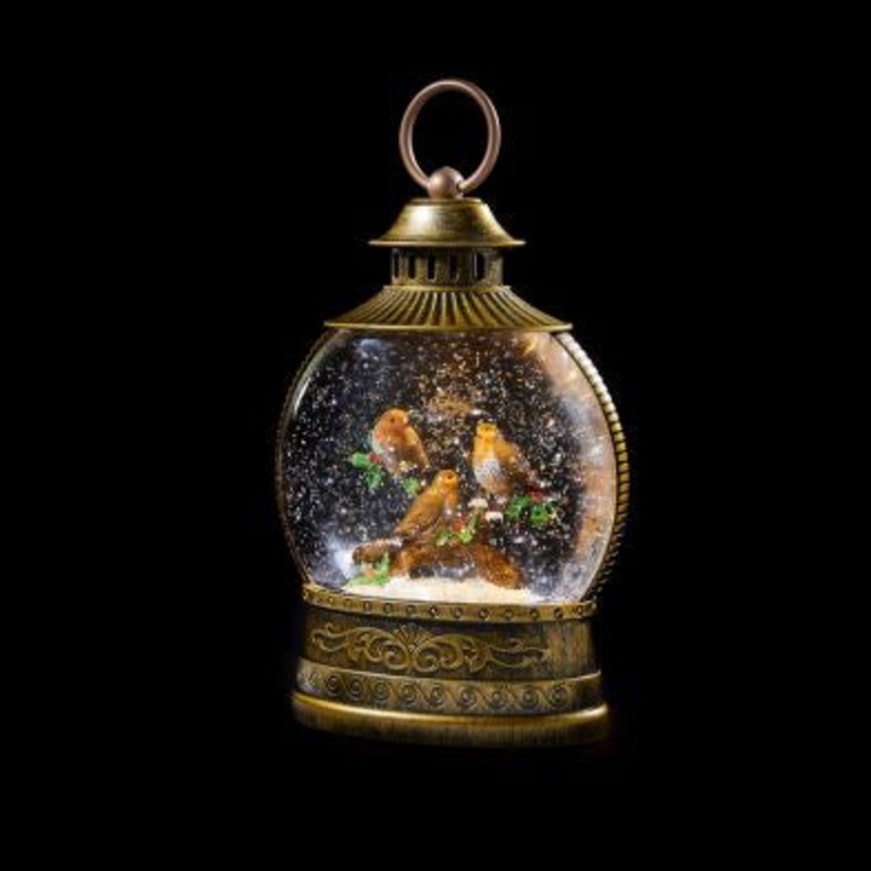 Christmas Lantern Snowglobe with Robin Warm White LED – 22.5cm
