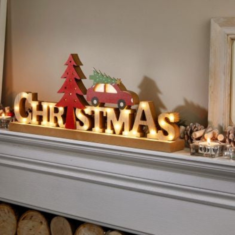 Wood Christmas Scene Decoration Warm White LED – 45cm